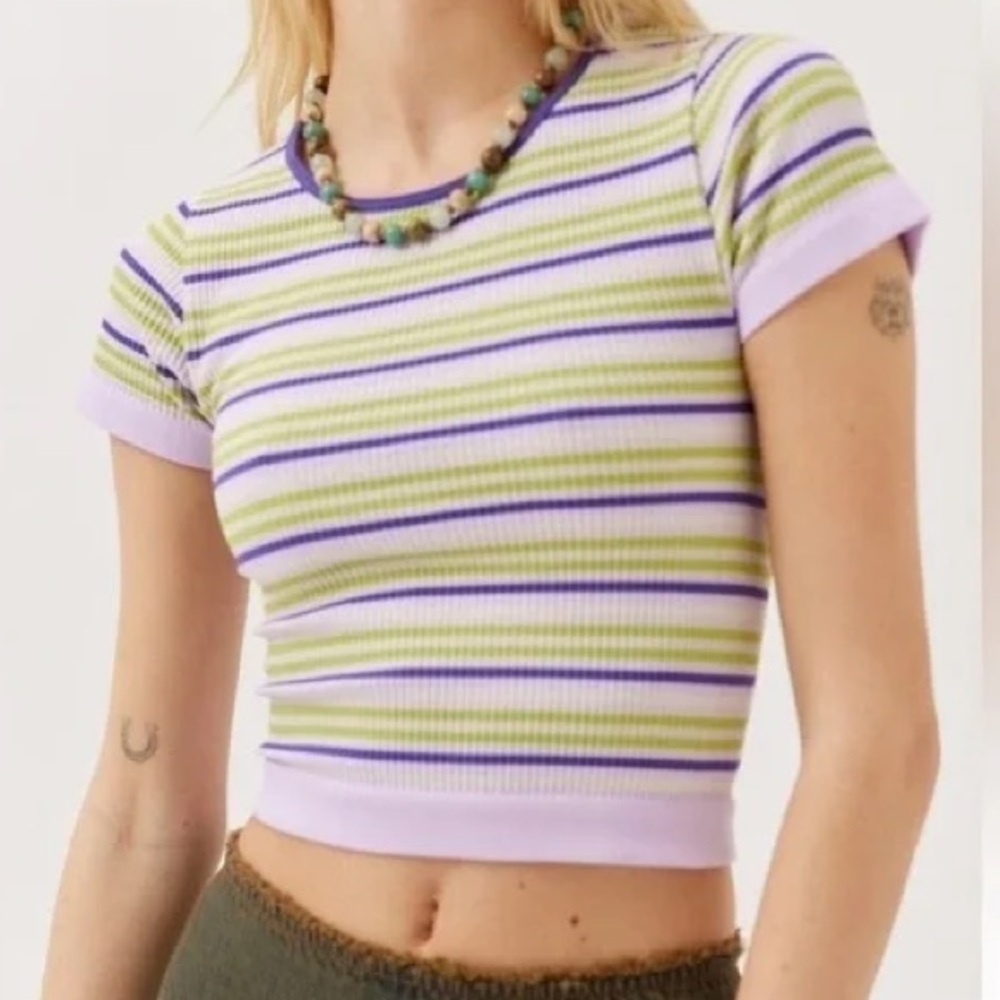 Striped Purple and Green Cropped T-Shirt